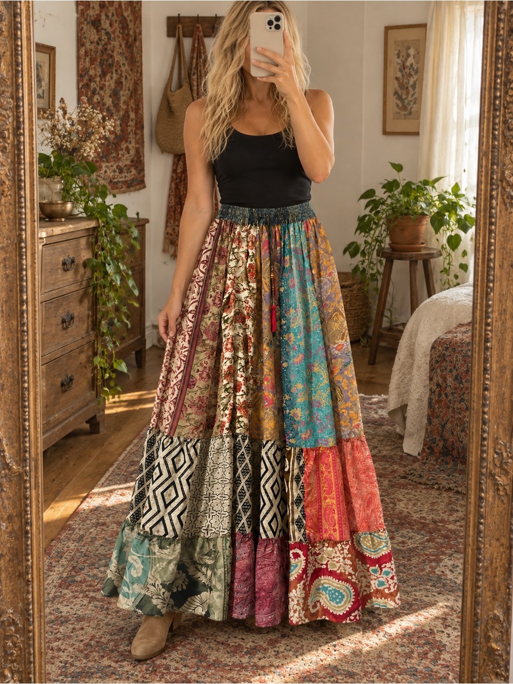 Boho Patchwork Maxi Skirt - Multicolor